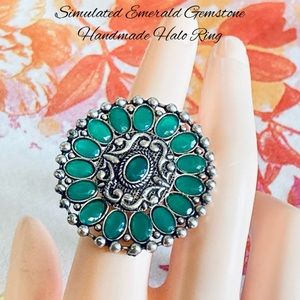 Simulated Emerald Gemstone Handmade Boho Halo Ring